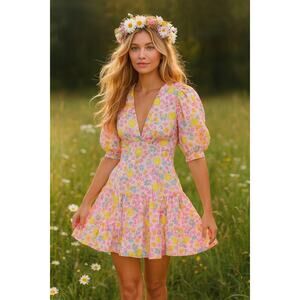 Sandro Paris Smiley Face Flower Linen Mini Dress Size 36 Small 4 Flirty Short